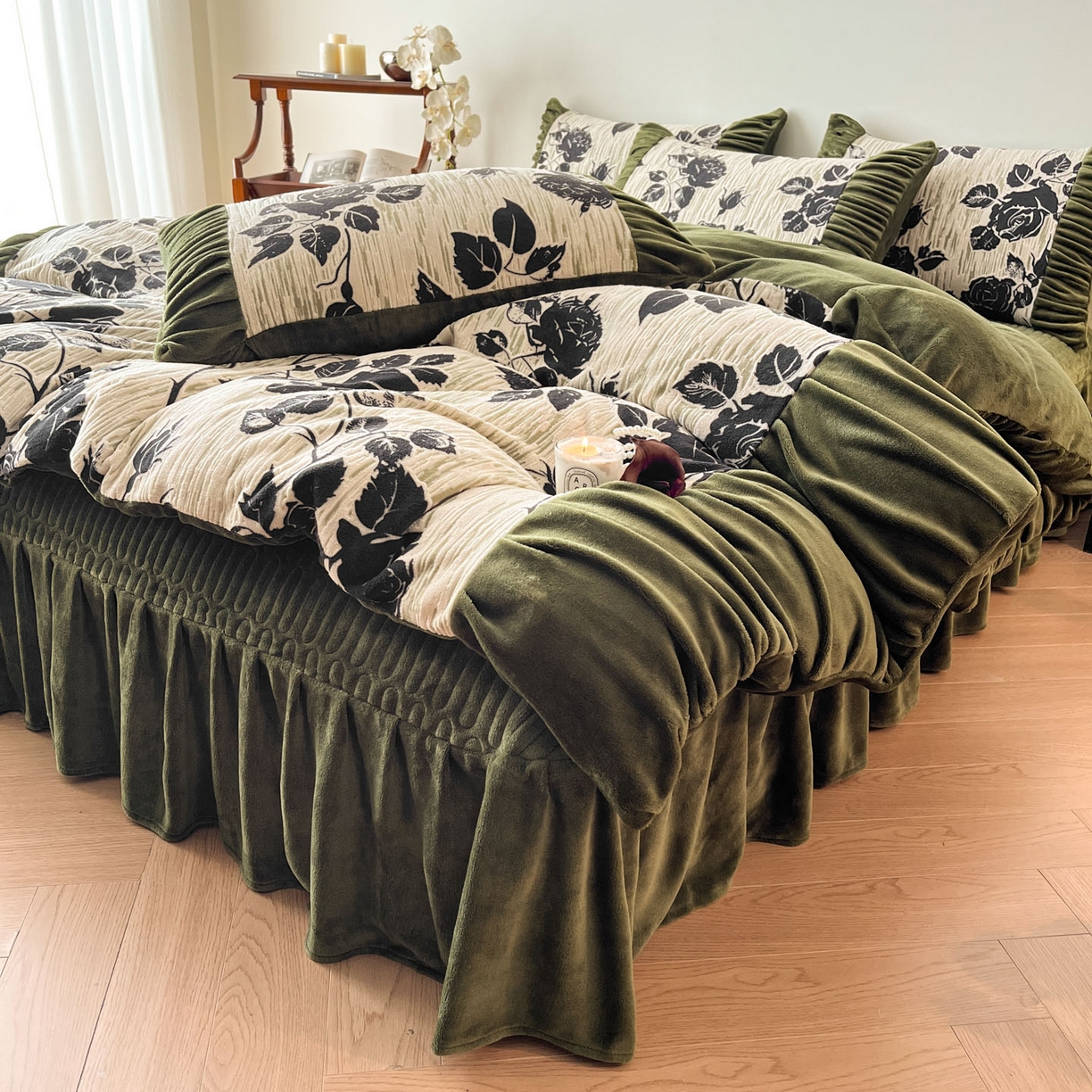 91家纺网 家纺一手货源 找家纺 金阳光家纺 2025新款雕花绒色烂牛奶绒法式泡泡袖牛奶绒床单床盖四件套 香谢落叶-小夜曲