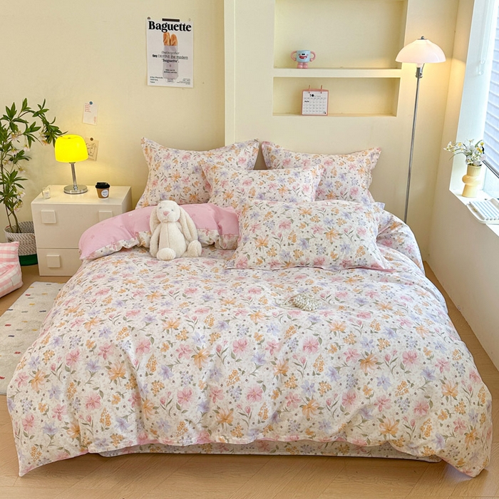 91家纺网 家纺一手货源 找家纺 绵庭家纺 2025新款田园花卉全棉纯棉印花四件套 苏颜粉