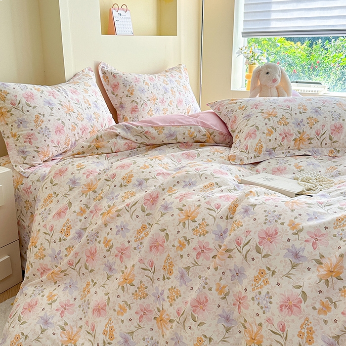 91家纺网 家纺一手货源 找家纺 绵庭家纺 2025新款田园花卉全棉纯棉印花四件套 苏颜粉