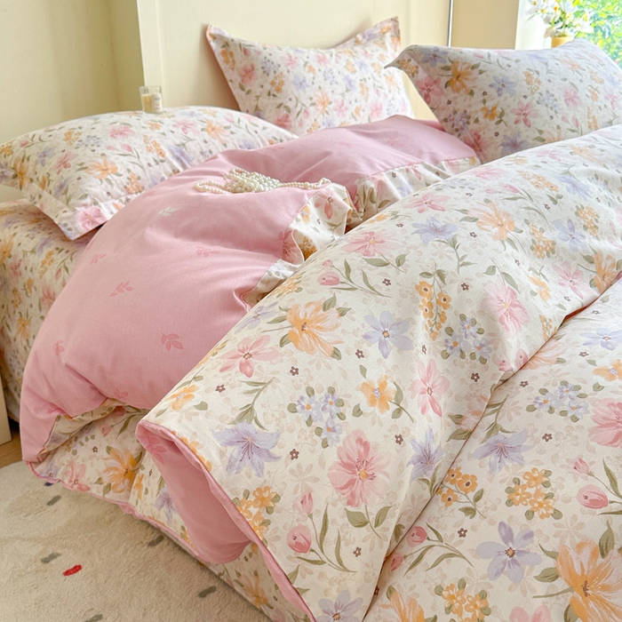 91家纺网 家纺一手货源 找家纺 绵庭家纺 2025新款田园花卉全棉纯棉印花四件套 苏颜粉