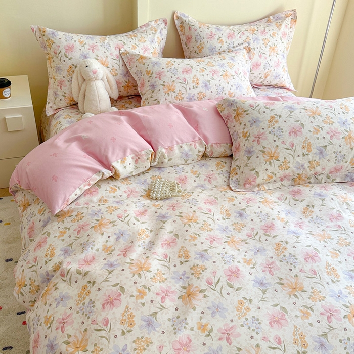 91家纺网 家纺一手货源 找家纺 绵庭家纺 2025新款田园花卉全棉纯棉印花四件套 苏颜粉