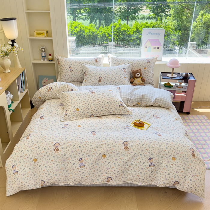 91家纺网 家纺一手货源 找家纺 绵庭家纺 2025新款田园花卉全棉纯棉印花四件套 碎花兔熊