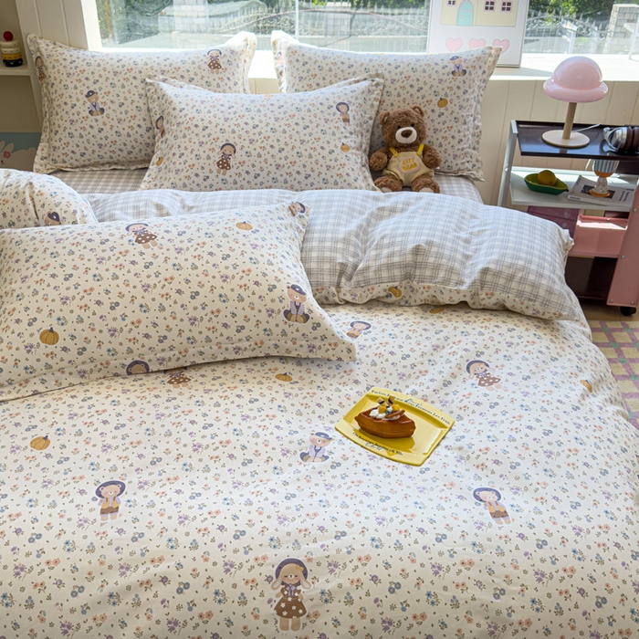 91家纺网 家纺一手货源 找家纺 绵庭家纺 2025新款田园花卉全棉纯棉印花四件套 碎花兔熊
