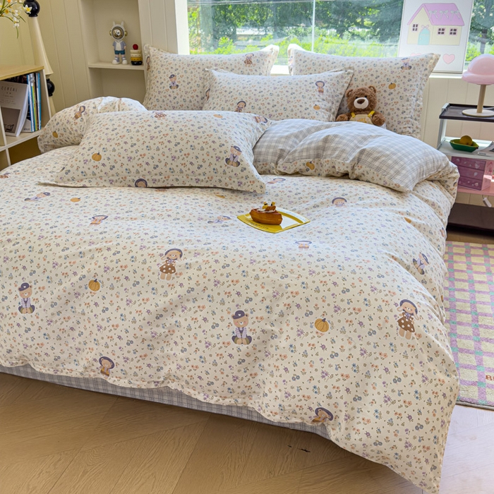 91家纺网 家纺一手货源 找家纺 绵庭家纺 2025新款田园花卉全棉纯棉印花四件套 碎花兔熊