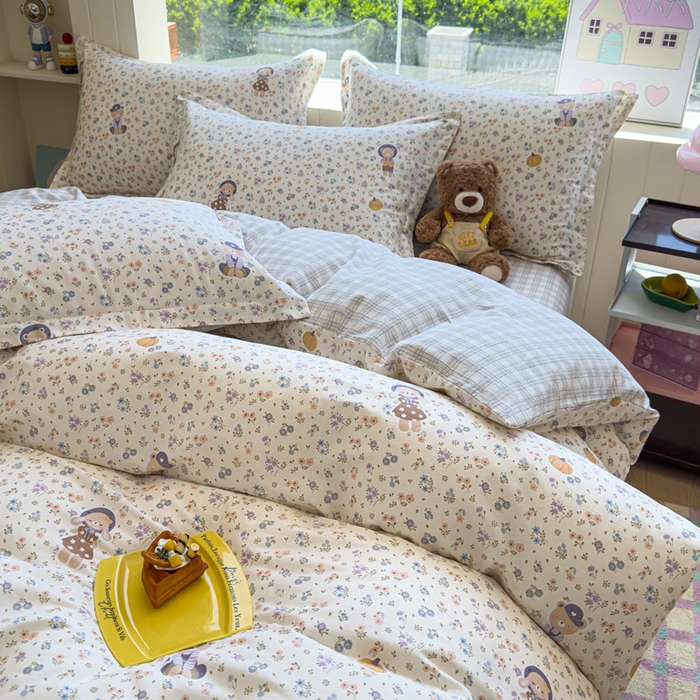 91家纺网 家纺一手货源 找家纺 绵庭家纺 2025新款田园花卉全棉纯棉印花四件套 碎花兔熊