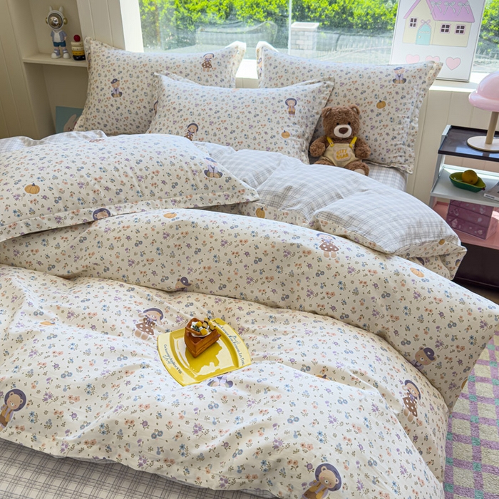 91家纺网 家纺一手货源 找家纺 绵庭家纺 2025新款田园花卉全棉纯棉印花四件套 碎花兔熊