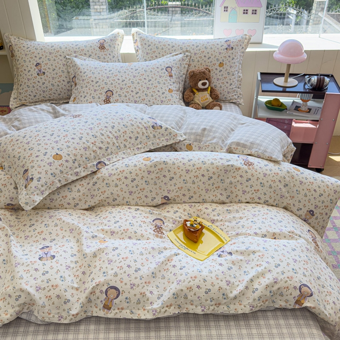 91家纺网 家纺一手货源 找家纺 绵庭家纺 2025新款田园花卉全棉纯棉印花四件套 碎花兔熊