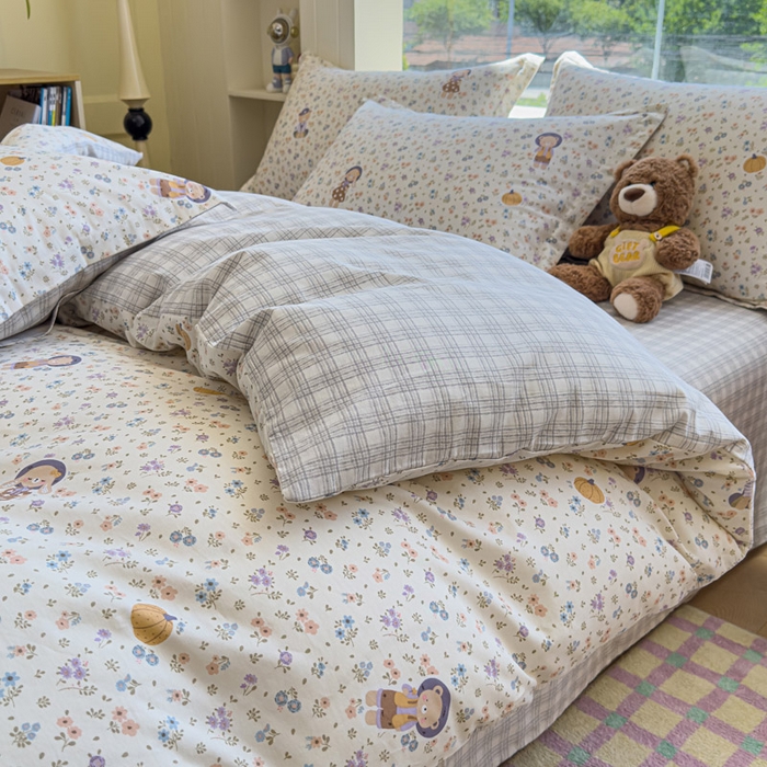 91家纺网 家纺一手货源 找家纺 绵庭家纺 2025新款田园花卉全棉纯棉印花四件套 碎花兔熊