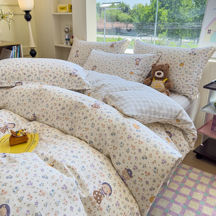 91家纺网 家纺一手货源 找家纺 绵庭家纺 2025新款田园花卉全棉纯棉印花四件套 碎花兔熊