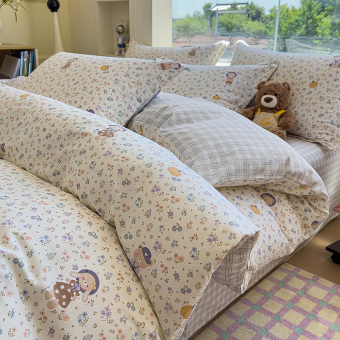 91家纺网 家纺一手货源 找家纺 绵庭家纺 2025新款田园花卉全棉纯棉印花四件套 碎花兔熊