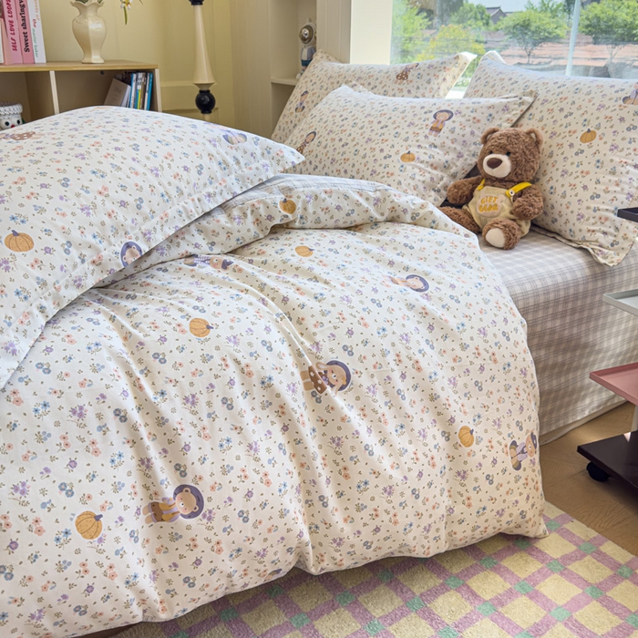 91家纺网 家纺一手货源 找家纺 绵庭家纺 2025新款田园花卉全棉纯棉印花四件套 碎花兔熊