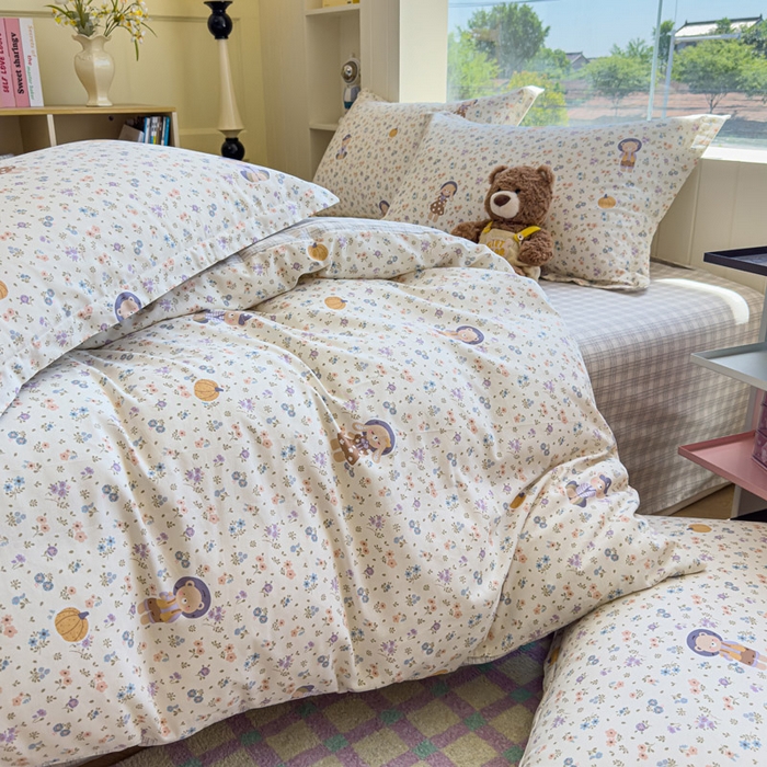 91家纺网 家纺一手货源 找家纺 绵庭家纺 2025新款田园花卉全棉纯棉印花四件套 碎花兔熊