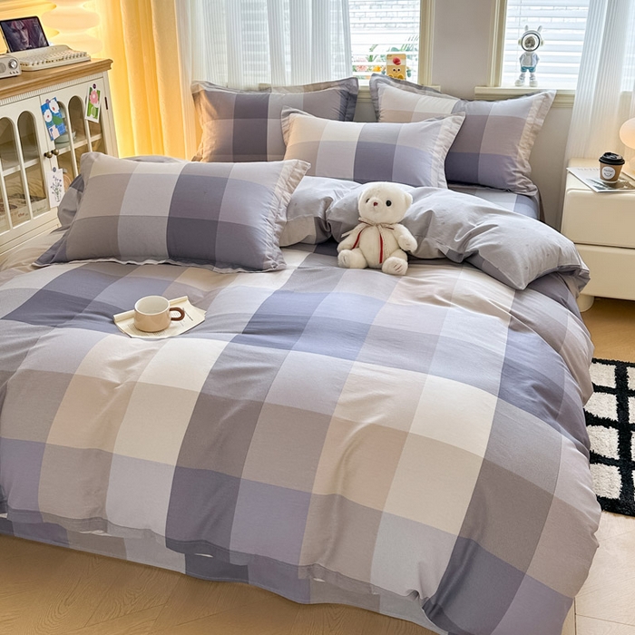 91家纺网 家纺一手货源 找家纺 绵庭家纺 2025新款田园花卉全棉纯棉印花四件套 烟花格章-灰