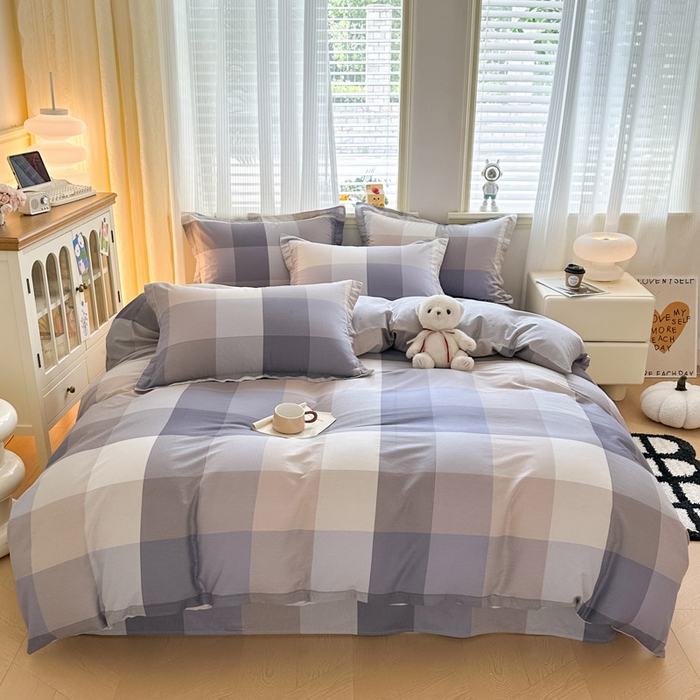 91家纺网 家纺一手货源 找家纺 绵庭家纺 2025新款田园花卉全棉纯棉印花四件套 烟花格章-灰