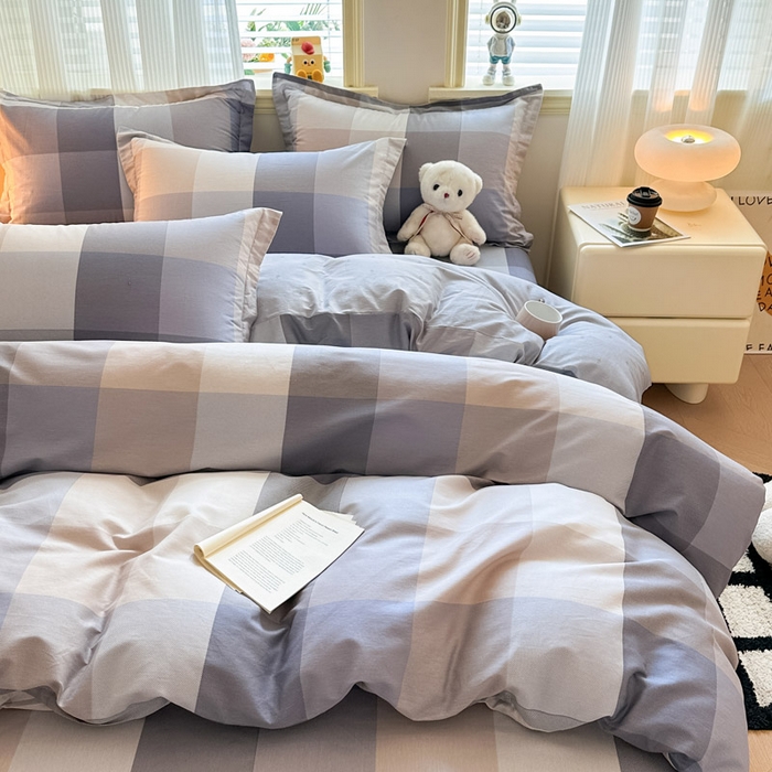 91家纺网 家纺一手货源 找家纺 绵庭家纺 2025新款田园花卉全棉纯棉印花四件套 烟花格章-灰