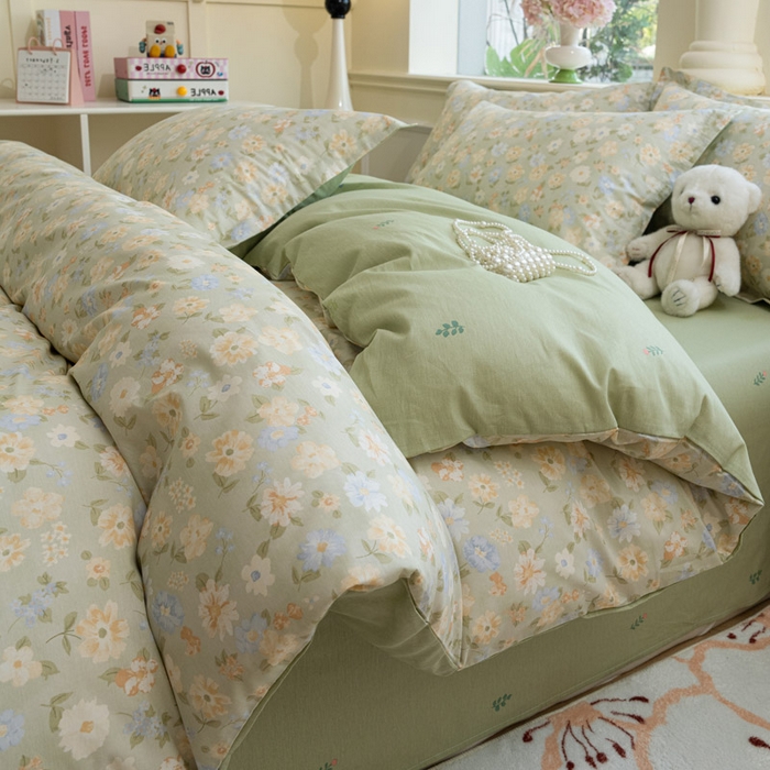 绵庭家纺 2025新款田园花卉全棉纯棉印花四件套 阳光花朵-绿