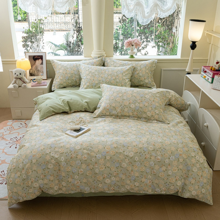 91家纺网 家纺一手货源 找家纺 绵庭家纺 2025新款田园花卉全棉纯棉印花四件套 阳光花朵-绿