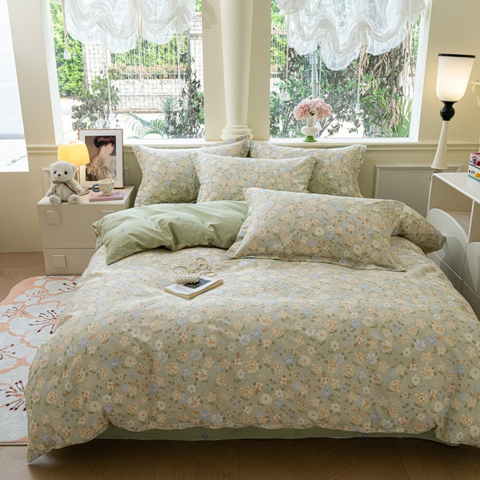 91家纺网 家纺一手货源 找家纺 绵庭家纺 2025新款田园花卉全棉纯棉印花四件套 阳光花朵-绿