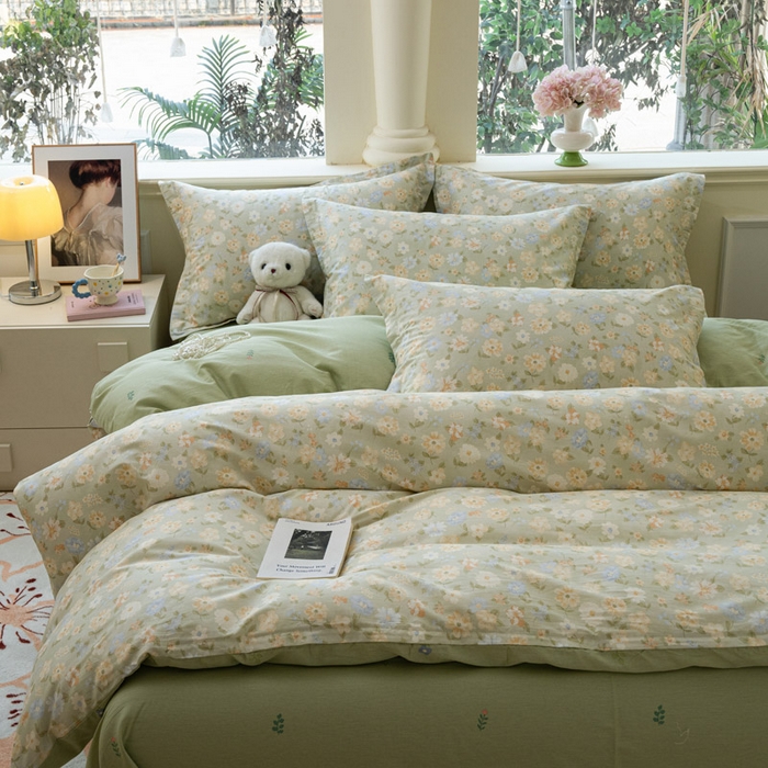 91家纺网 家纺一手货源 找家纺 绵庭家纺 2025新款田园花卉全棉纯棉印花四件套 阳光花朵-绿
