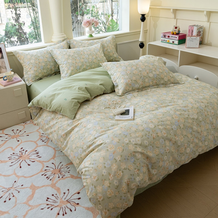 91家纺网 家纺一手货源 找家纺 绵庭家纺 2025新款田园花卉全棉纯棉印花四件套 阳光花朵-绿