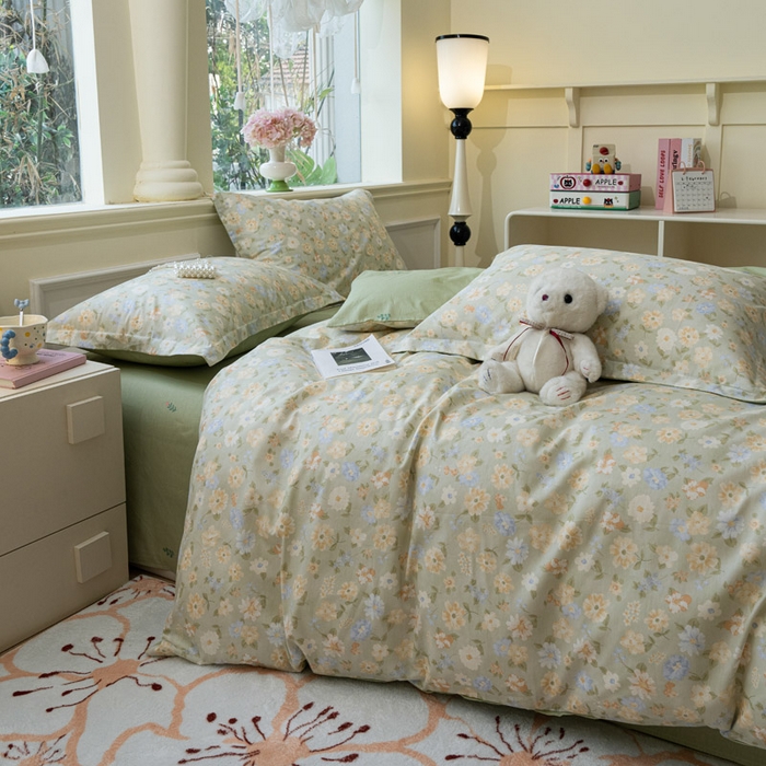 91家纺网 家纺一手货源 找家纺 绵庭家纺 2025新款田园花卉全棉纯棉印花四件套 阳光花朵-绿