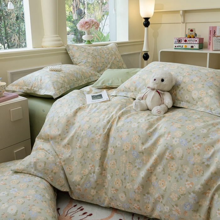 91家纺网 家纺一手货源 找家纺 绵庭家纺 2025新款田园花卉全棉纯棉印花四件套 阳光花朵-绿