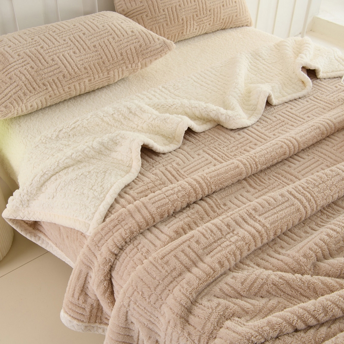 91家纺网 家纺一手货源 找家纺 圣靓 2025新款塔芙绒羊羔绒双层毯子毛毯 暖窝卡其