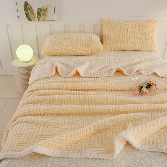 91家纺网 家纺一手货源 找家纺 圣靓 2025新款塔芙绒羊羔绒双层毯子毛毯 暖窝奶黄