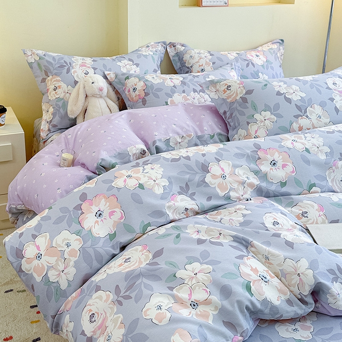 91家纺网 家纺一手货源 找家纺 绵庭家纺 2025新款田园花卉全棉纯棉印花四件套 幽兰花梦紫