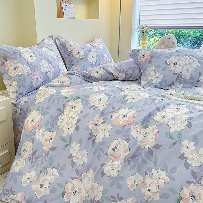 91家纺网 家纺一手货源 找家纺 绵庭家纺 2025新款田园花卉全棉纯棉印花四件套 幽兰花梦紫