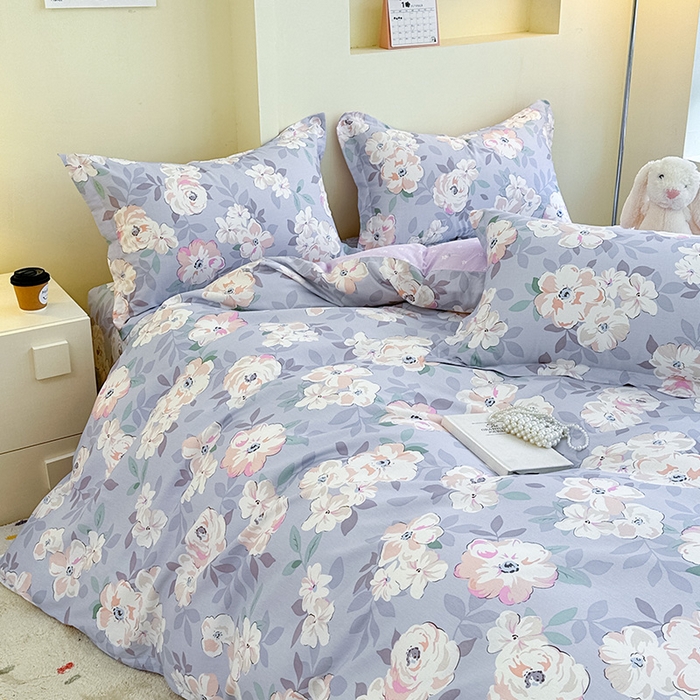 91家纺网 家纺一手货源 找家纺 绵庭家纺 2025新款田园花卉全棉纯棉印花四件套 幽兰花梦紫