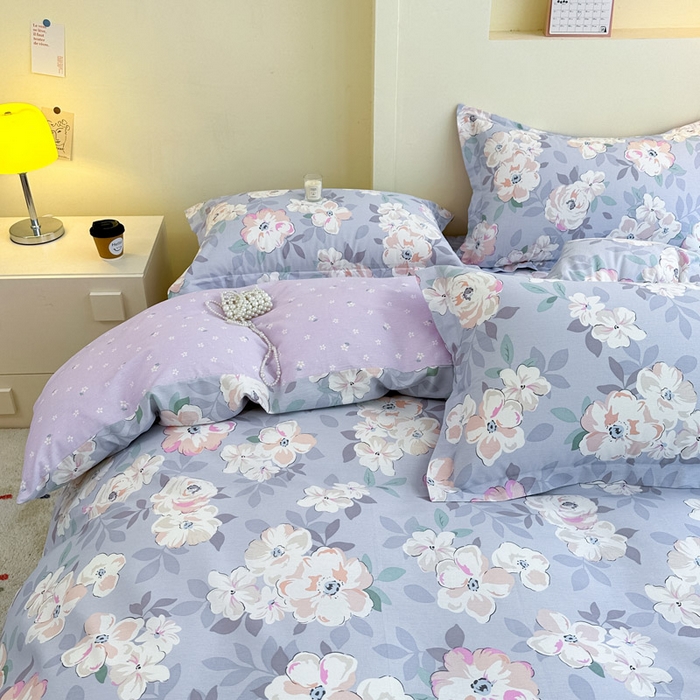 91家纺网 家纺一手货源 找家纺 绵庭家纺 2025新款田园花卉全棉纯棉印花四件套 幽兰花梦紫