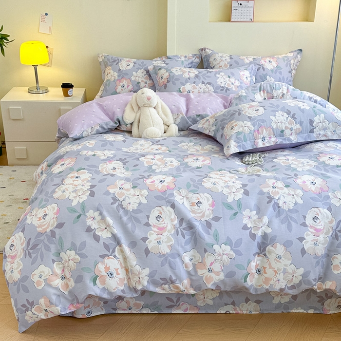 91家纺网 家纺一手货源 找家纺 绵庭家纺 2025新款田园花卉全棉纯棉印花四件套 幽兰花梦紫