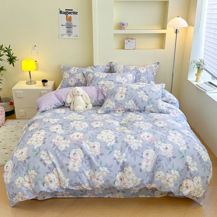 91家纺网 家纺一手货源 找家纺 绵庭家纺 2025新款田园花卉全棉纯棉印花四件套 幽兰花梦紫