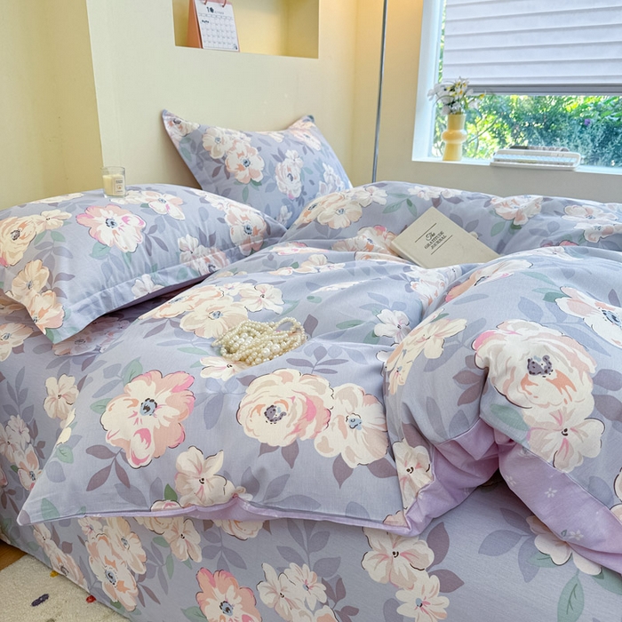 91家纺网 家纺一手货源 找家纺 绵庭家纺 2025新款田园花卉全棉纯棉印花四件套 幽兰花梦紫