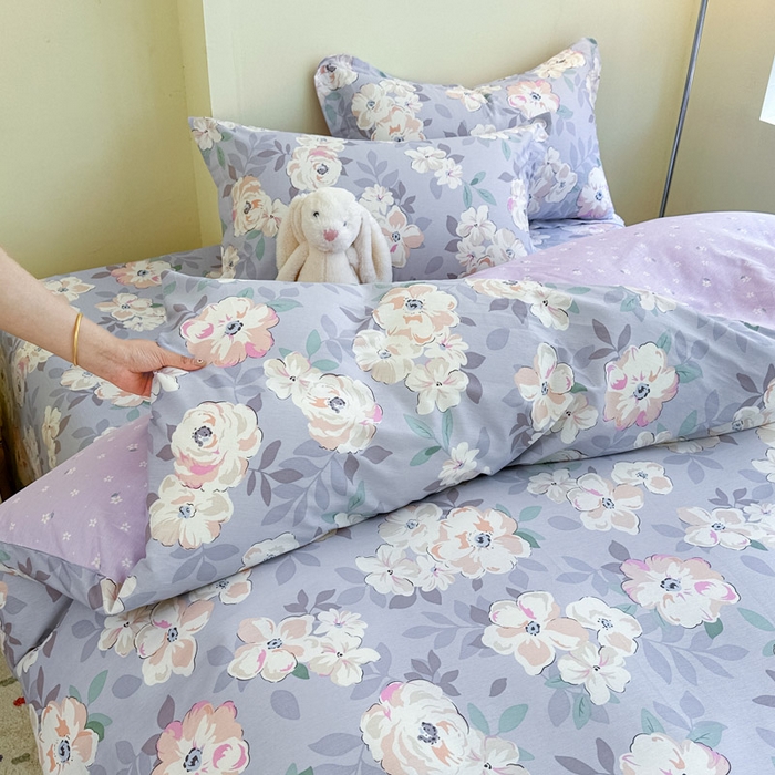 91家纺网 家纺一手货源 找家纺 绵庭家纺 2025新款田园花卉全棉纯棉印花四件套 幽兰花梦紫