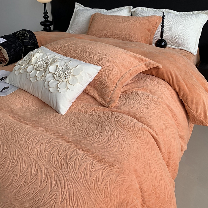 91家纺网 家纺一手货源 找家纺 莱豫家纺 2025新款全消光雕花牛奶绒四件套-流年 流年心愿橙