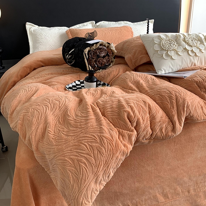 91家纺网 家纺一手货源 找家纺 莱豫家纺 2025新款全消光雕花牛奶绒四件套-流年 流年心愿橙