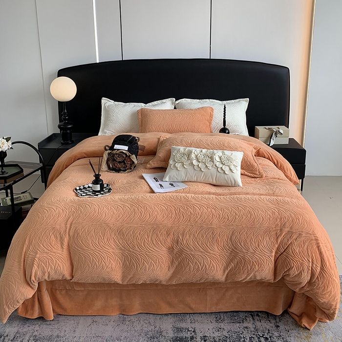 91家纺网 家纺一手货源 找家纺 莱豫家纺 2025新款全消光雕花牛奶绒四件套-流年 流年心愿橙