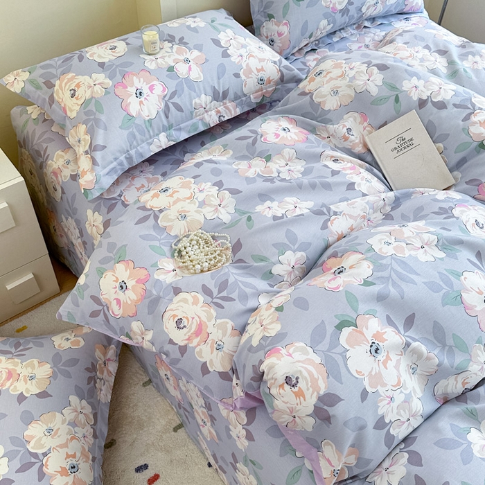 91家纺网 家纺一手货源 找家纺 绵庭家纺 2025新款田园花卉全棉纯棉印花四件套 幽兰花梦紫