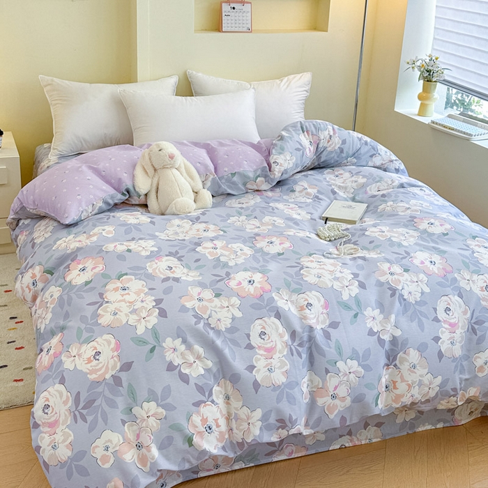 91家纺网 家纺一手货源 找家纺 绵庭家纺 2025新款田园花卉全棉纯棉印花四件套 幽兰花梦紫