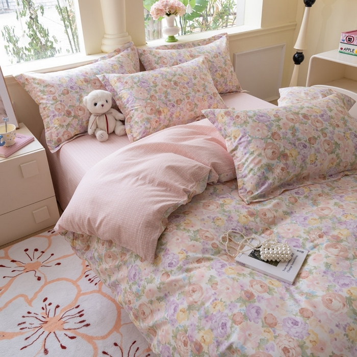 91家纺网 家纺一手货源 找家纺 绵庭家纺 2025新款田园花卉全棉纯棉印花四件套 悦下花影