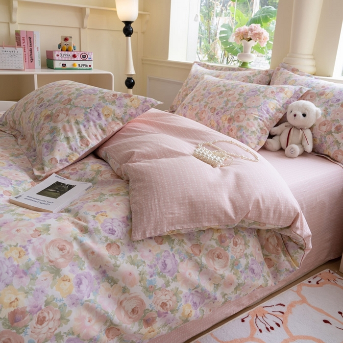 91家纺网 家纺一手货源 找家纺 绵庭家纺 2025新款田园花卉全棉纯棉印花四件套 悦下花影