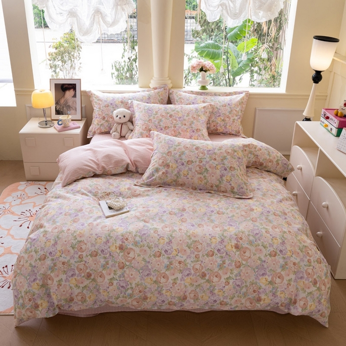 91家纺网 家纺一手货源 找家纺 绵庭家纺 2025新款田园花卉全棉纯棉印花四件套 悦下花影