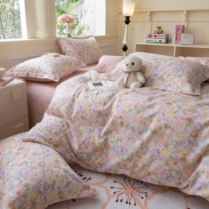 91家纺网 家纺一手货源 找家纺 绵庭家纺 2025新款田园花卉全棉纯棉印花四件套 悦下花影