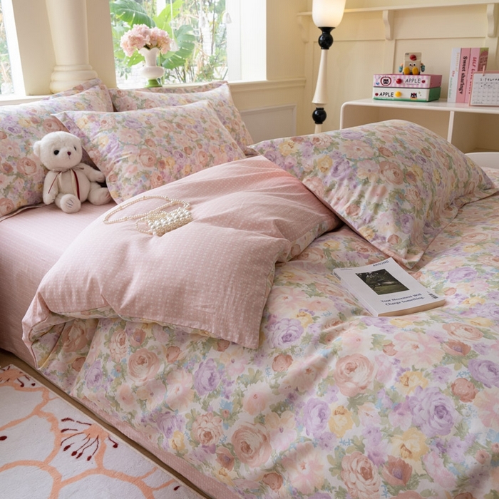 91家纺网 家纺一手货源 找家纺 绵庭家纺 2025新款田园花卉全棉纯棉印花四件套 悦下花影