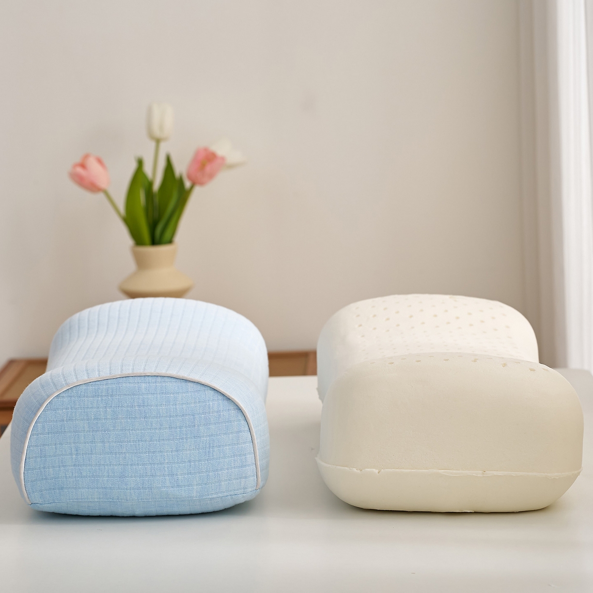 91家纺网 家纺一手货源 找家纺 乐可 2025新款条纹乳胶便携枕头枕芯抱枕午睡枕露营枕 条纹乳胶便携枕-XT3浅蓝