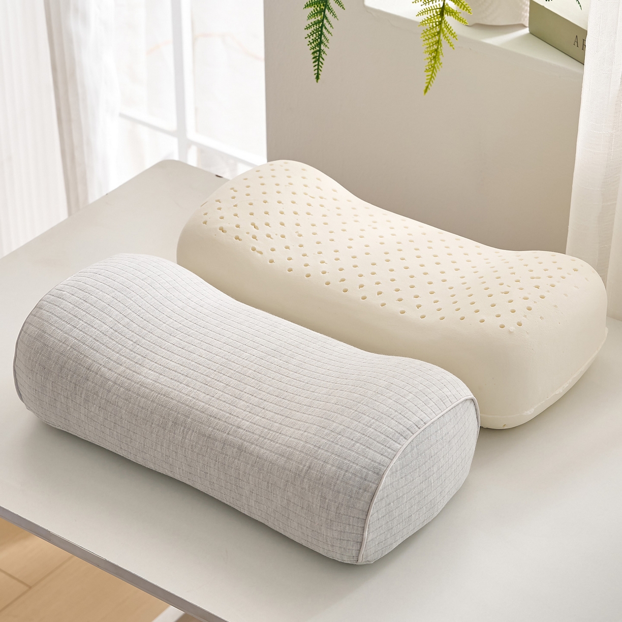 91家纺网 家纺一手货源 找家纺 乐可 2025新款条纹乳胶便携枕头枕芯抱枕午睡枕露营枕 条纹乳胶便携枕-XT3浅灰