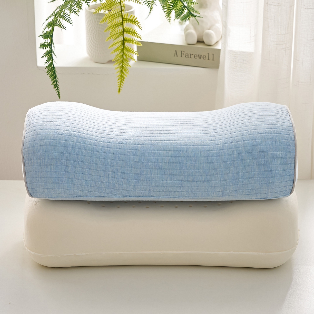 91家纺网 家纺一手货源 找家纺 乐可 2025新款条纹乳胶便携枕头枕芯抱枕午睡枕露营枕 条纹乳胶便携枕-XT3浅蓝