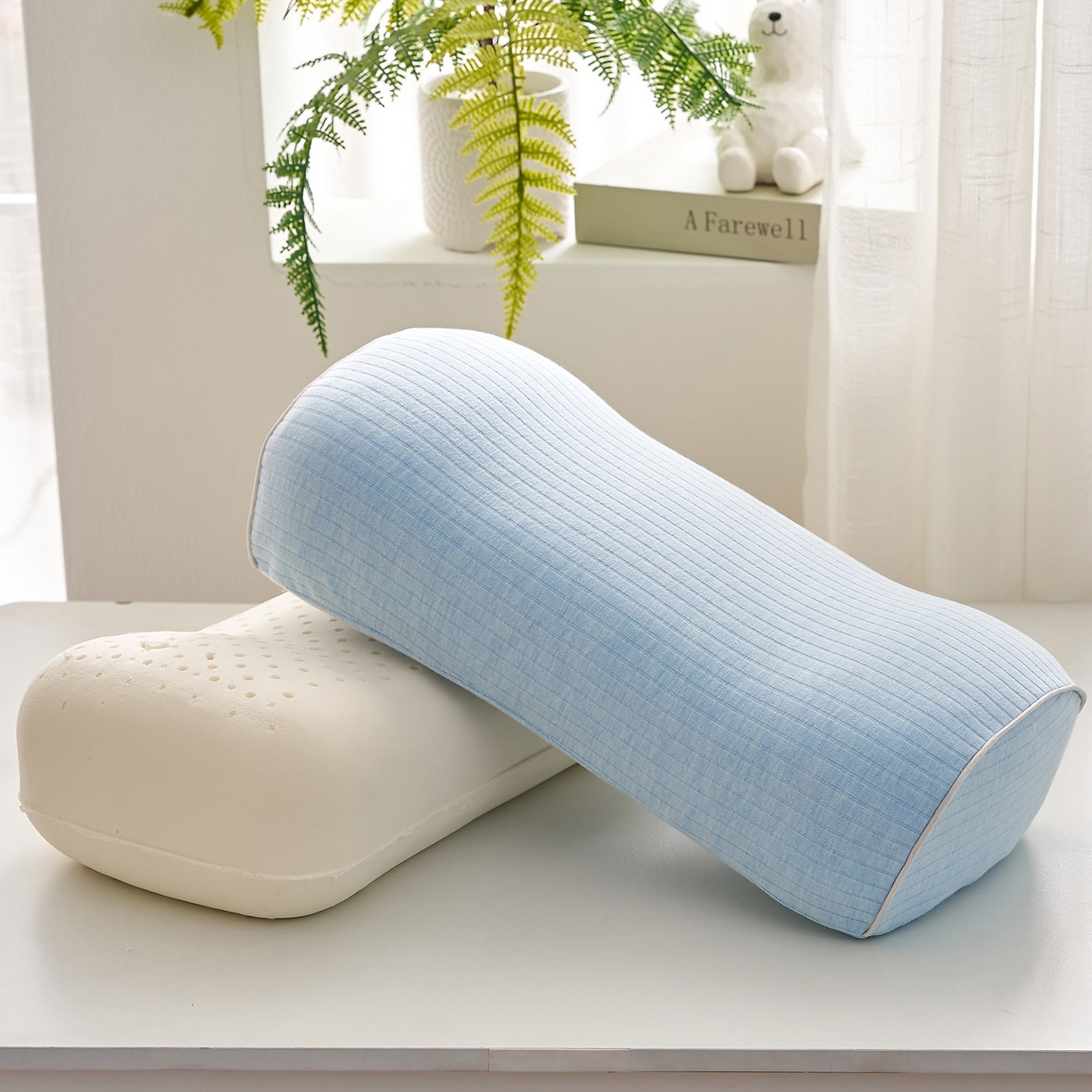 91家纺网 家纺一手货源 找家纺 乐可 2025新款条纹乳胶便携枕头枕芯抱枕午睡枕露营枕 条纹乳胶便携枕-XT3浅蓝